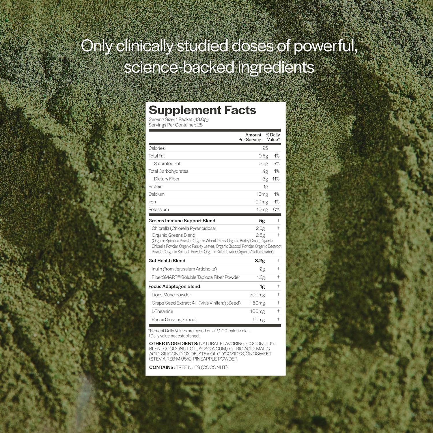 Organic Greens Powder with L Theanine for Gut Health, Energy, Focus, and Immune Support - Coconut Pineapple Flavor, 28 Packets