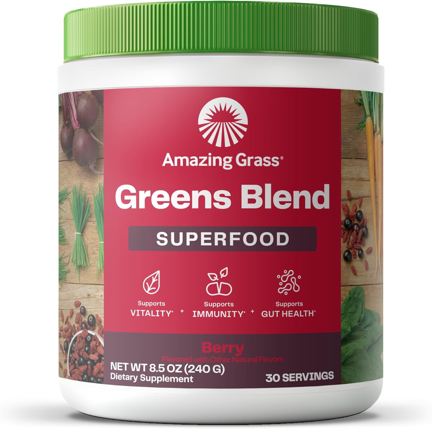 Organic Greens Superfood Powder with Probiotics & Digestive Enzymes - Berry Flavor, 30 Servings