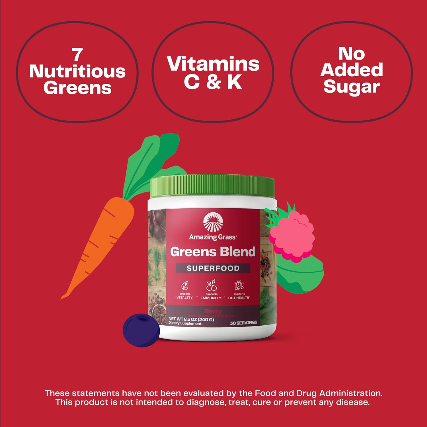 Organic Greens Superfood Powder with Probiotics & Digestive Enzymes - Berry Flavor, 30 Servings