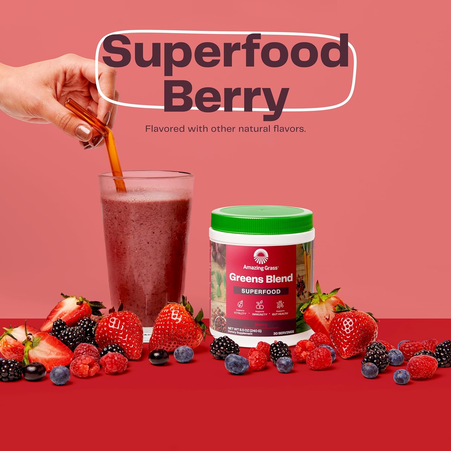 Organic Greens Superfood Powder with Probiotics & Digestive Enzymes - Berry Flavor, 30 Servings