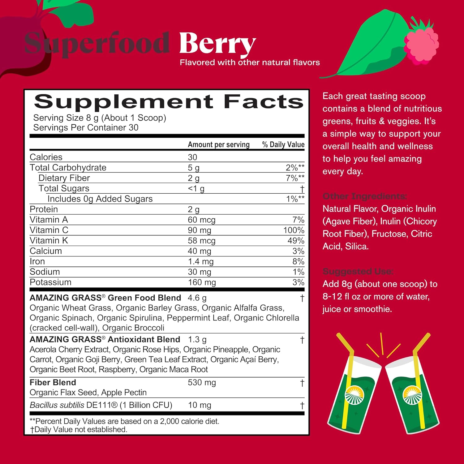 Organic Greens Superfood Powder with Probiotics & Digestive Enzymes - Berry Flavor, 30 Servings