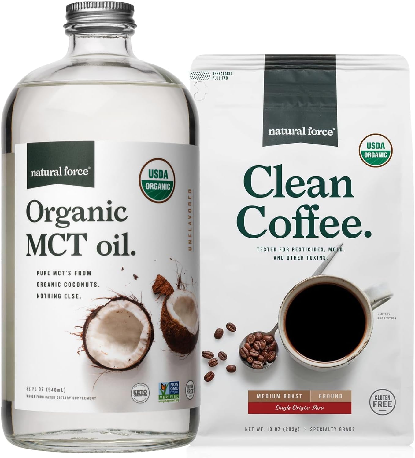 Organic Ground Clean Coffee with Pure Coconut MCT Oil Bundle - Non-GMO, Keto, Paleo, Vegan - 10 Oz Bag, 32 Oz Bottle