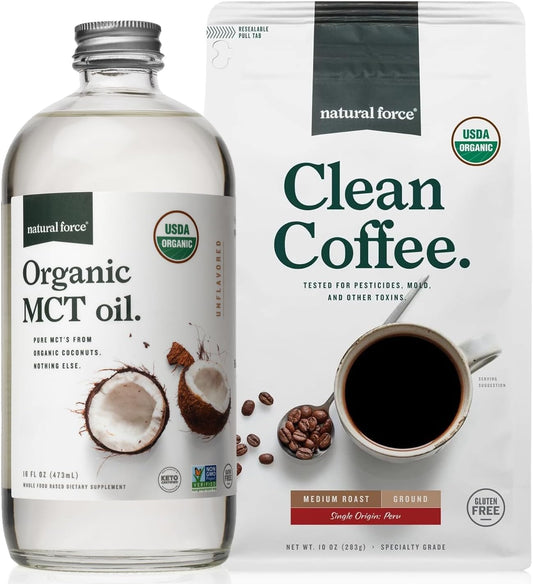 Organic Ground Coffee and MCT Oil Bundle - Pure Coconut MCTs, Mold & Mycotoxin Free - Non-GMO, Keto, Paleo, Vegan - 10 Oz Bag + 16 Oz Bottle