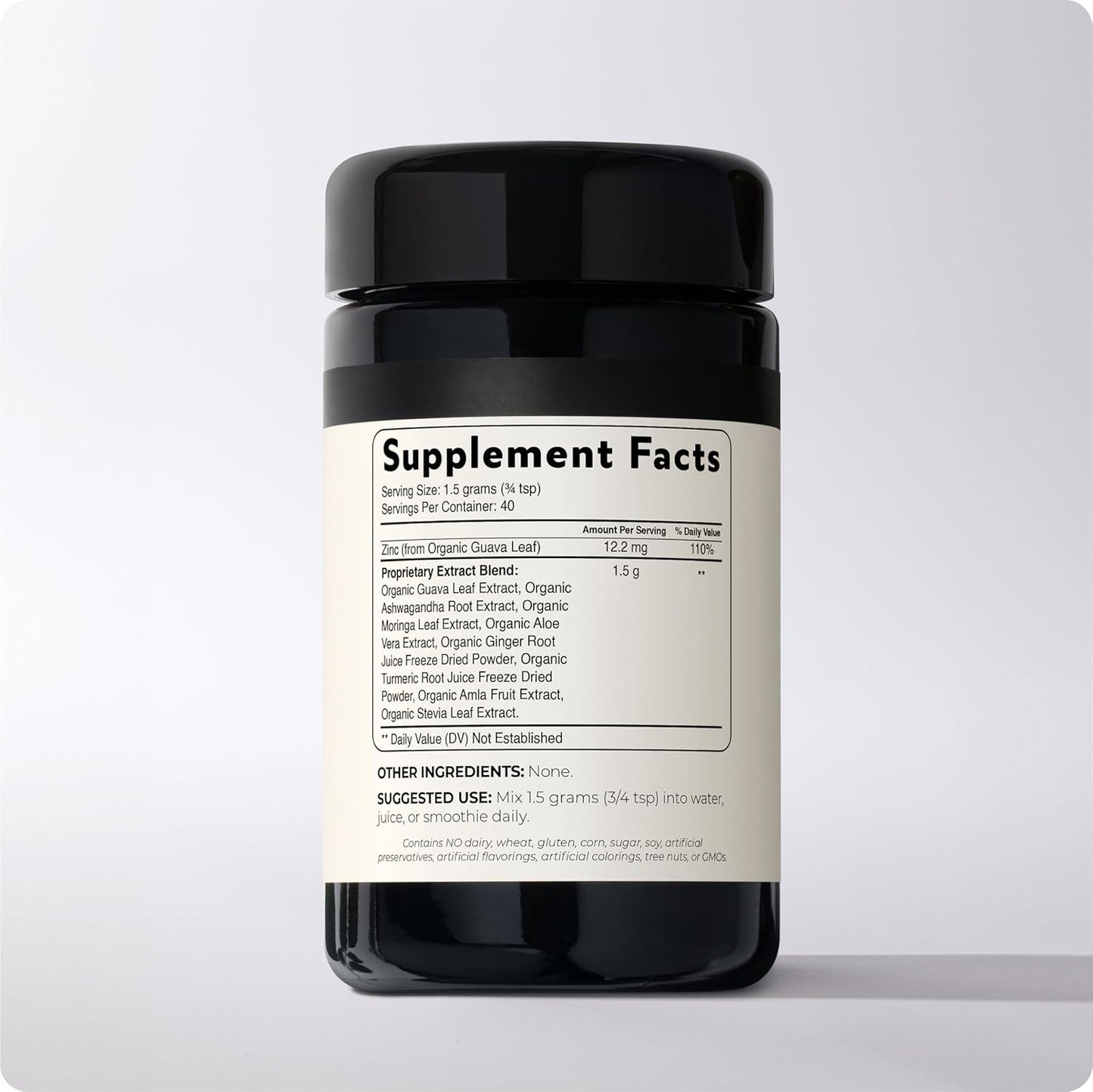 Organic Guava Leaf Zinc Supplement with Ashwagandha, Aloe Vera, Ginger, and Turmeric for Immune Support - 60g Powder (Vegan)