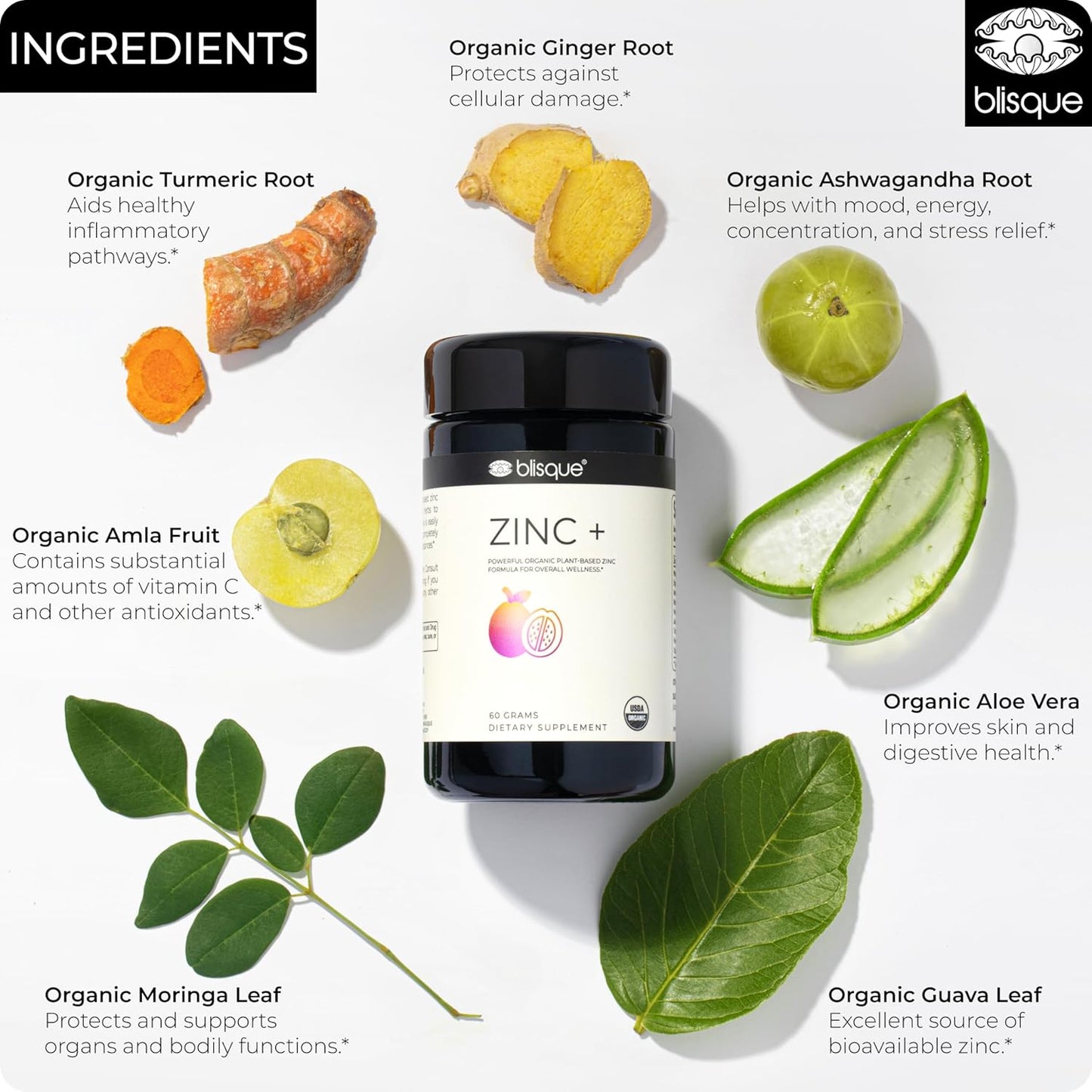Organic Guava Leaf Zinc Supplement with Ashwagandha, Aloe Vera, Ginger, and Turmeric for Immune Support - 60g Powder (Vegan)