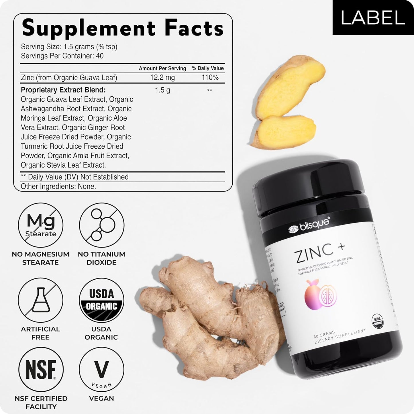 Organic Guava Leaf Zinc Supplement with Ashwagandha, Aloe Vera, Ginger, and Turmeric for Immune Support - 60g Powder (Vegan)