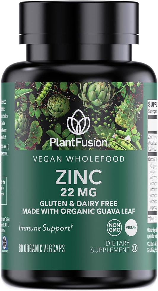 Organic Guava Leaf Zinc Supplements 22mg - Immune Support Complex, Vegan Chelated Zinc Citrate, 60 Capsules