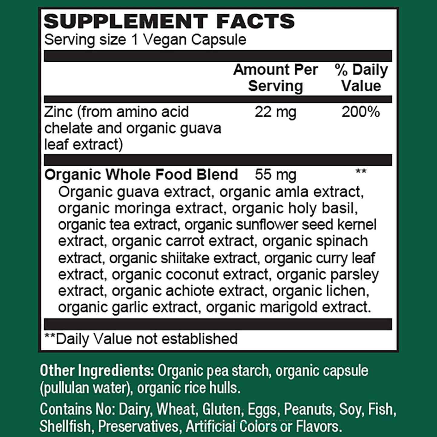 Organic Guava Leaf Zinc Supplements 22mg - Immune Support Complex, Vegan Chelated Zinc Citrate, 60 Capsules