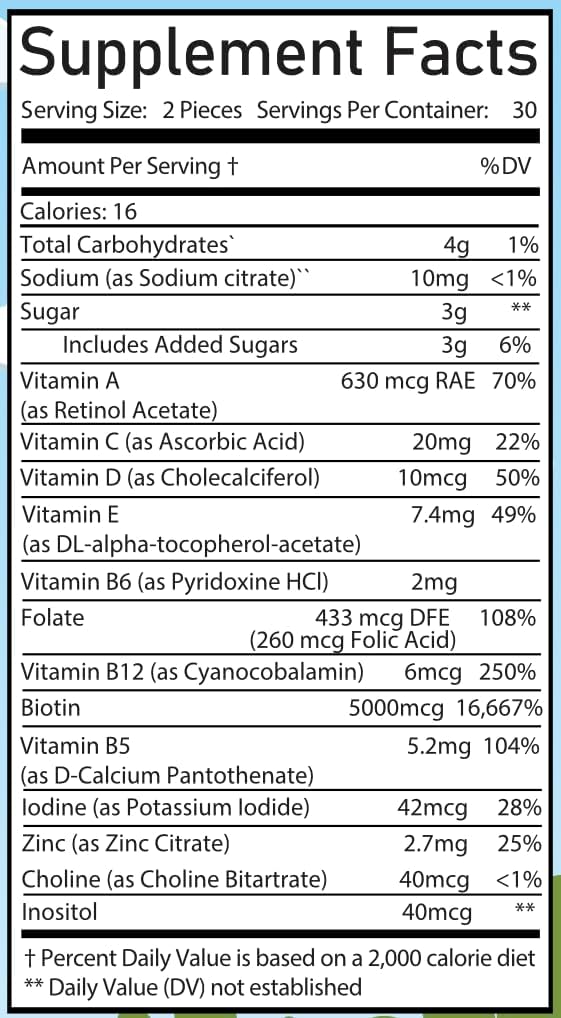Organic Hair Vitamin Gummies with 5000 mg Biotin, VIT A, Folate (60 Count)