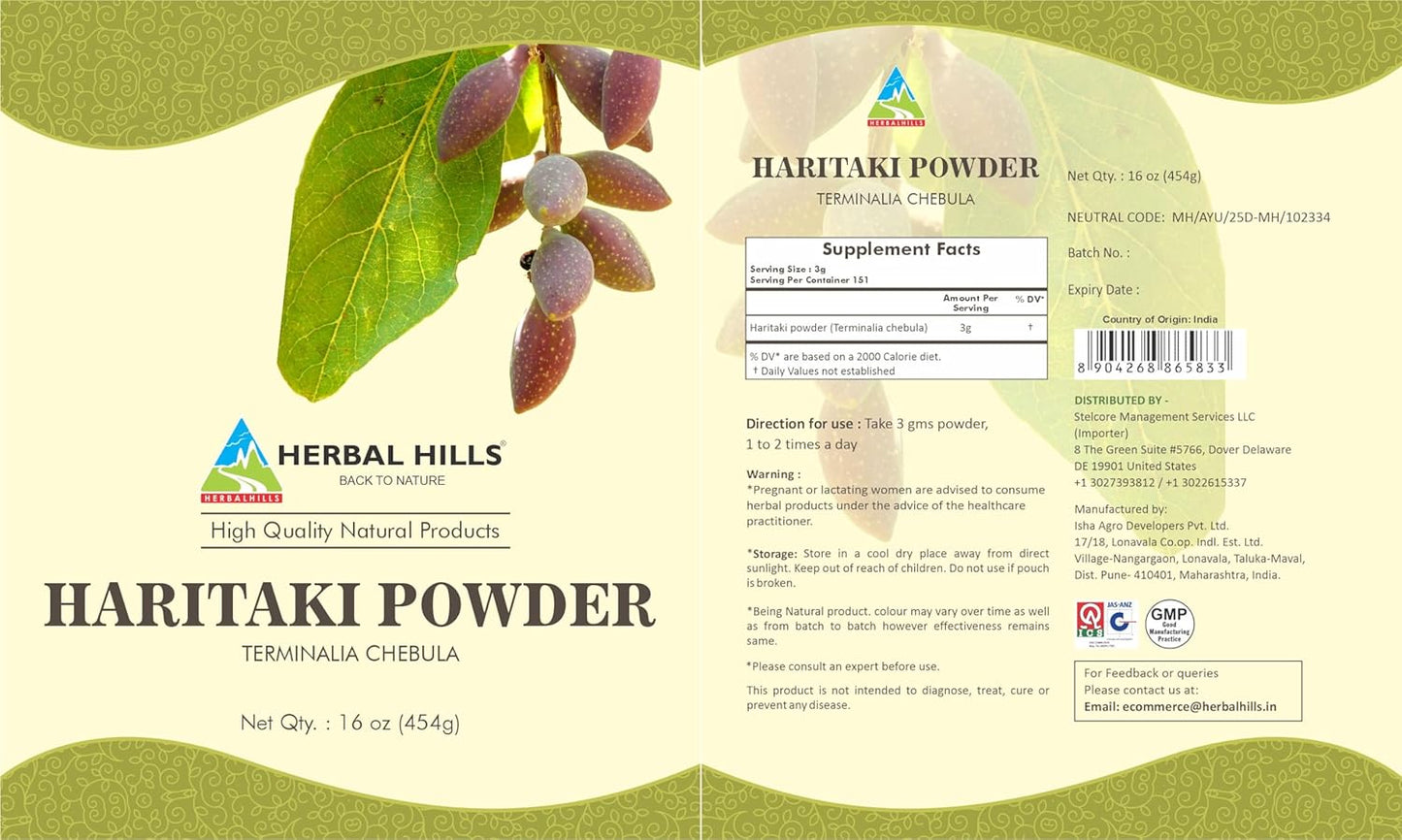 Organic Haritaki Powder - Terminalia Chebula Inknut Harde - 1lb (16oz) Pack by HERBAL HILLS