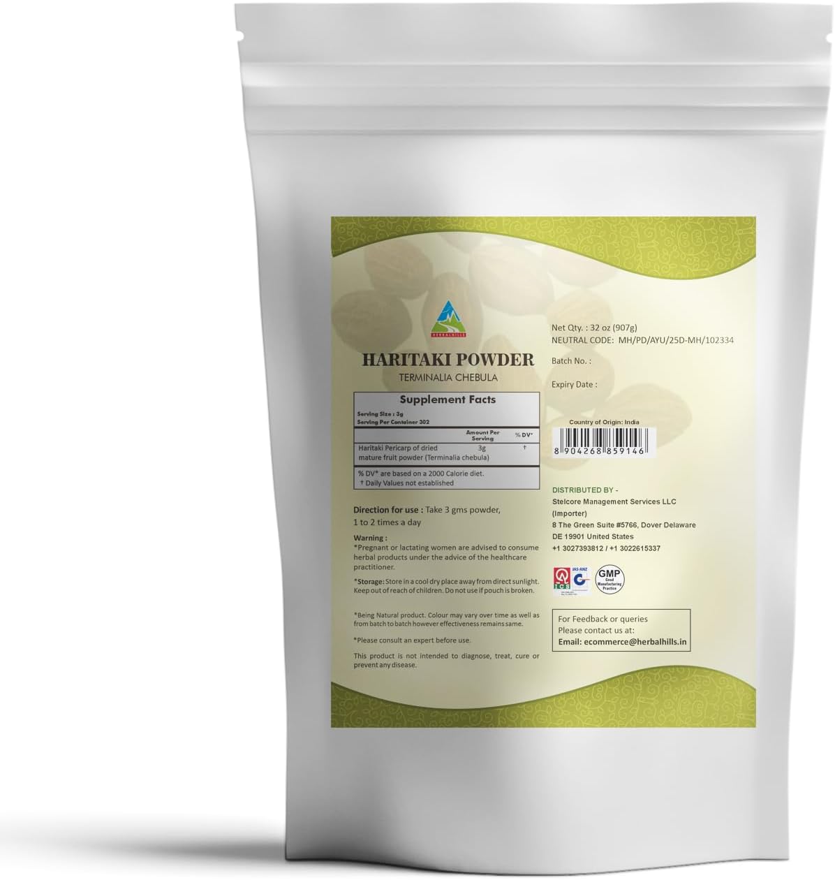 Organic Haritaki Powder Terminalia Chebula Inknut - 2lb/32oz - Single Pack by HERBAL HILLS