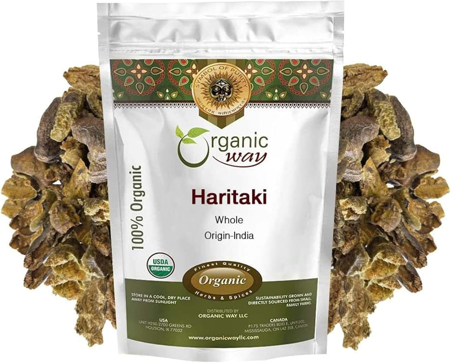 Organic Haritaki Whole (Chebulic Myrobalan) - 100% Raw from India | USDA & Kosher Certified | Vegan, Non-GMO, Gluten Free | 4 oz Pack