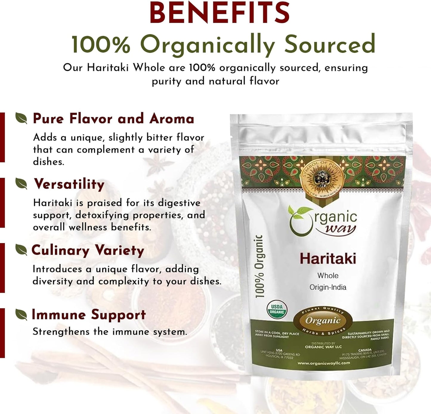 Organic Haritaki Whole (Chebulic Myrobalan) - 100% Raw from India | USDA & Kosher Certified | Vegan, Non-GMO, Gluten Free | 4 oz Pack