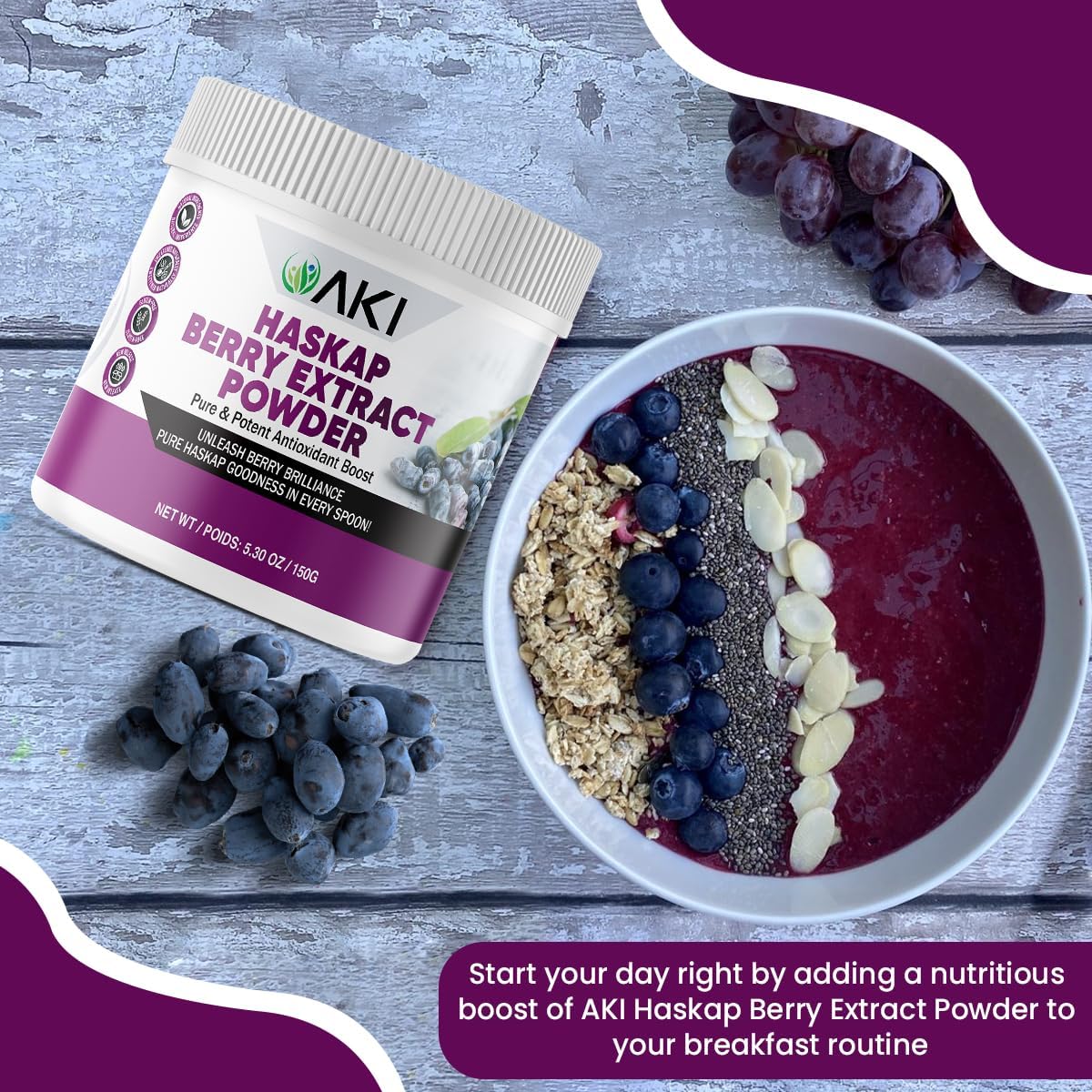 Organic Haskap Berry Extract Powder - High in Antioxidants & Vitamin-C - Quality Dried Berries - No Artificial Flavors - Boosts Energy - 5.30Oz/150g