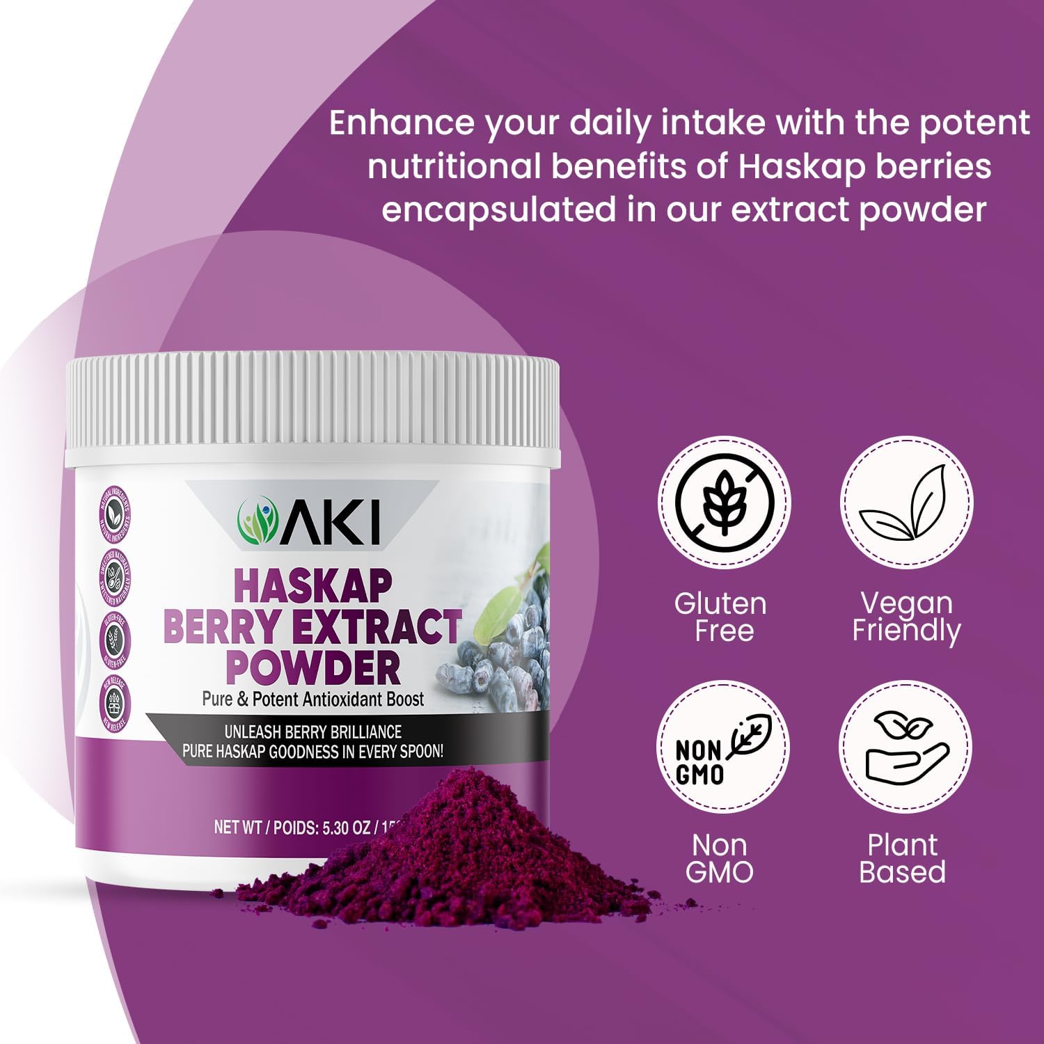 Organic Haskap Berry Extract Powder - High in Antioxidants & Vitamin-C - Quality Dried Berries - No Artificial Flavors - Boosts Energy - 5.30Oz/150g