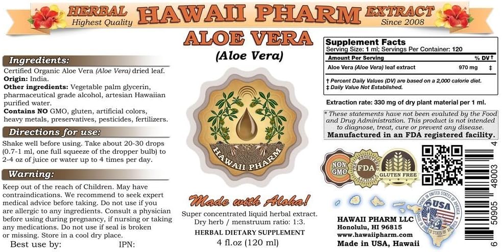 Organic Hawaii Pharm Aloe Vera Liquid Extract Tincture Supplement - 4 oz Bottle