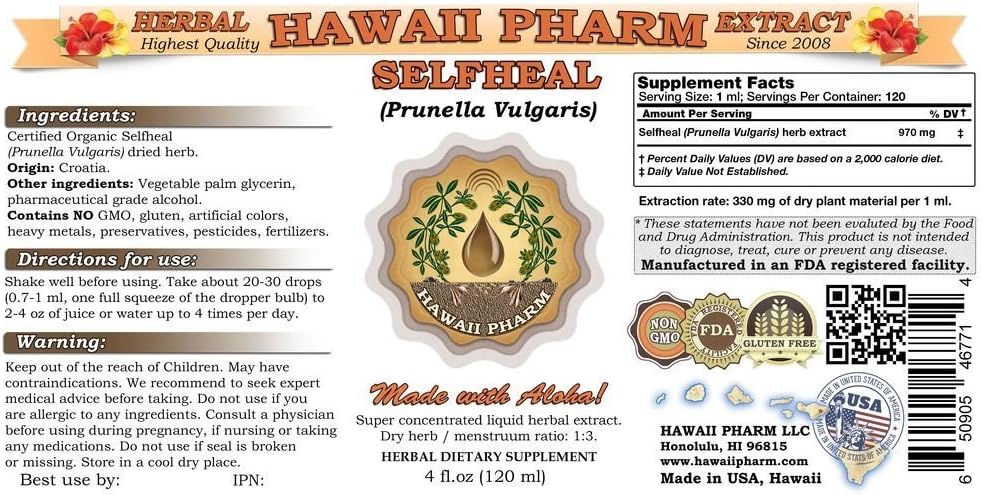 Organic Hawaii Pharm Selfheal (Prunella Vulgaris) Liquid Extract - Double Strength 4 fl.oz