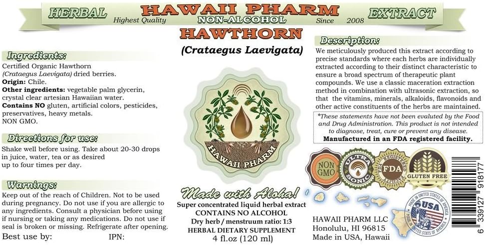 Organic Hawthorn Alcohol-Free Liquid Extract - 2 oz Herbal Supplement by Hawaii Pharm