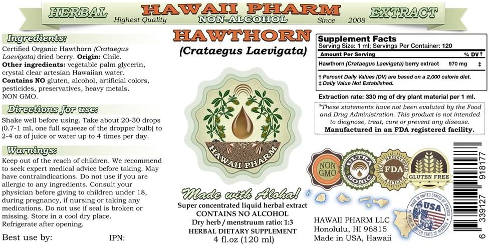 Organic Hawthorn Alcohol-Free Liquid Extract - 4 oz Glycerite by Hawaii Pharm