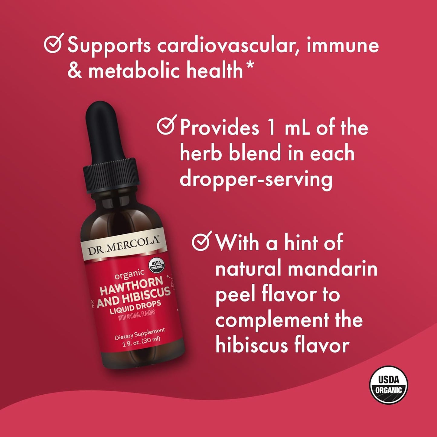 Organic Hawthorn and Hibiscus Liquid Drops Dietary Supplements by Dr. Mercola - 30 Servings, Non GMO, Gluten Free, USDA Organic