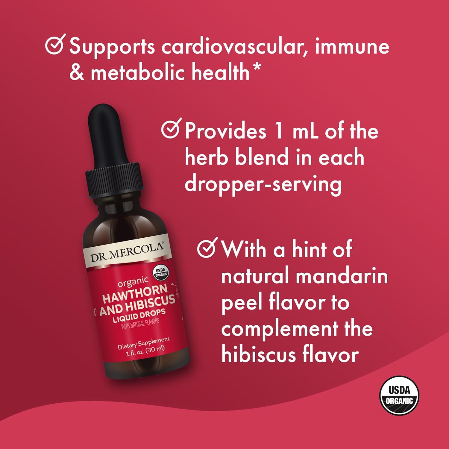 Organic Hawthorn and Hibiscus Liquid Drops Dietary Supplements by Dr. Mercola - 30 Servings, Non GMO, Gluten Free, USDA Organic