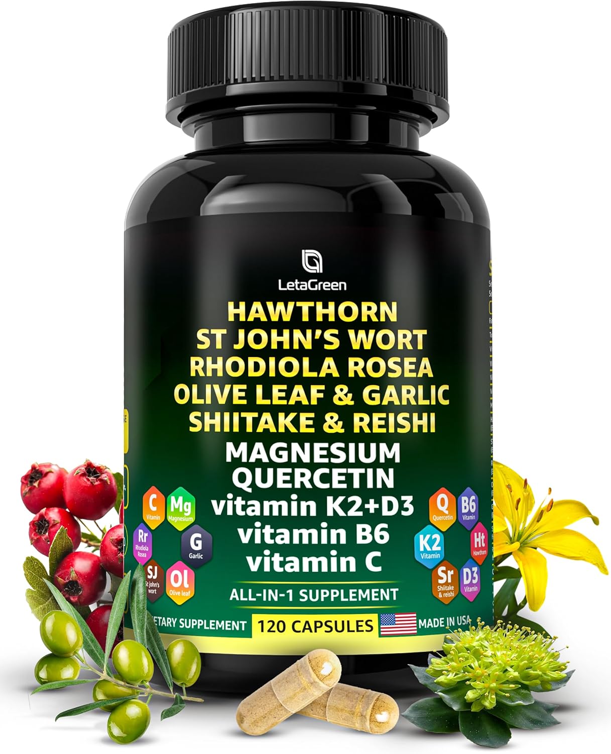 Organic Hawthorn Berry Capsules with St Johns Wort, Rhodiola Rosea, and Vitamin C - Immune Support Supplement with Shiitake, Reishi Mushroom, and Quercetin