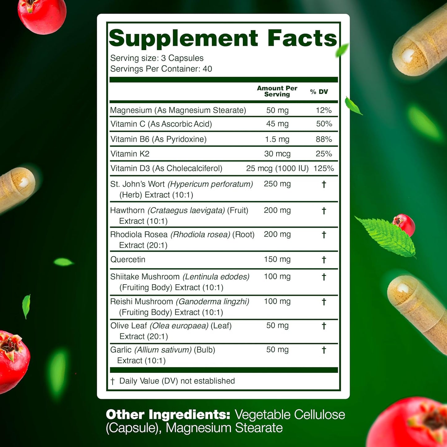 Organic Hawthorn Berry Capsules with St Johns Wort, Rhodiola Rosea, and Vitamin C - Immune Support Supplement with Shiitake, Reishi Mushroom, and Quercetin