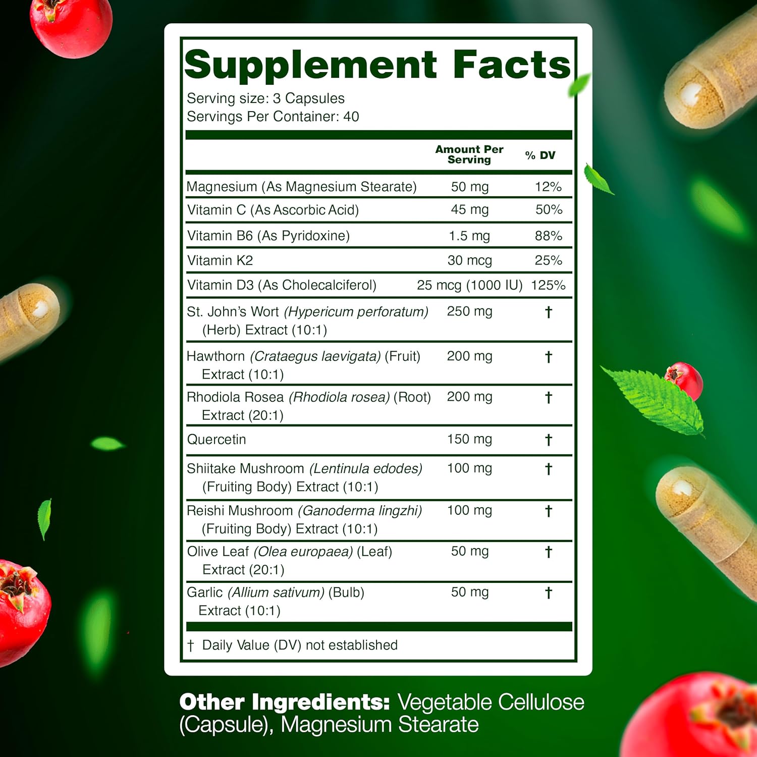 Organic Hawthorn Berry Capsules with St Johns Wort, Rhodiola Rosea, and Vitamin C - Immune Support Supplement with Shiitake, Reishi Mushroom, and Quercetin