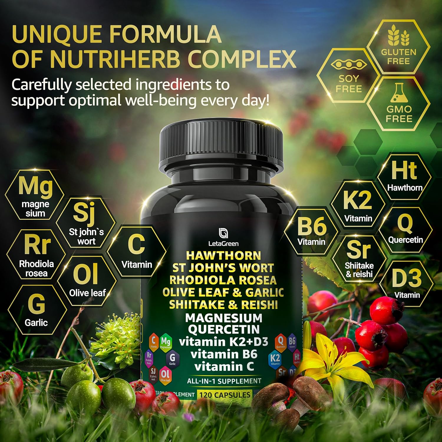 Organic Hawthorn Berry Capsules with St Johns Wort, Rhodiola Rosea, and Vitamin C - Immune Support Supplement with Shiitake, Reishi Mushroom, and Quercetin