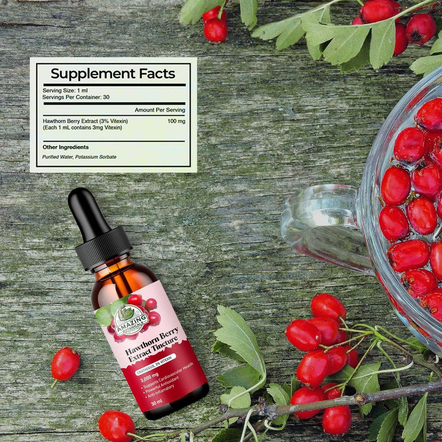 Organic Hawthorn Berry Tincture - High Strength Immune Support Supplement (3,000mg) - 30ml Bottle