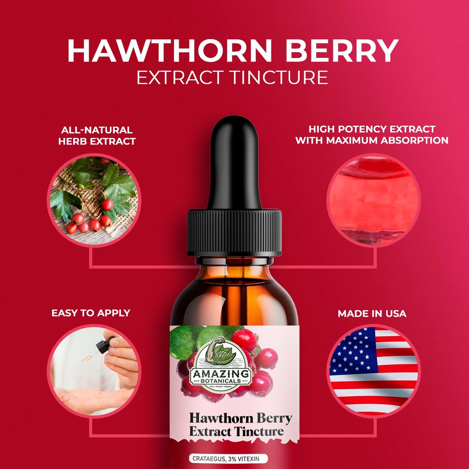 Organic Hawthorn Berry Tincture - High Strength Immune Support Supplement (3,000mg) - 30ml Bottle