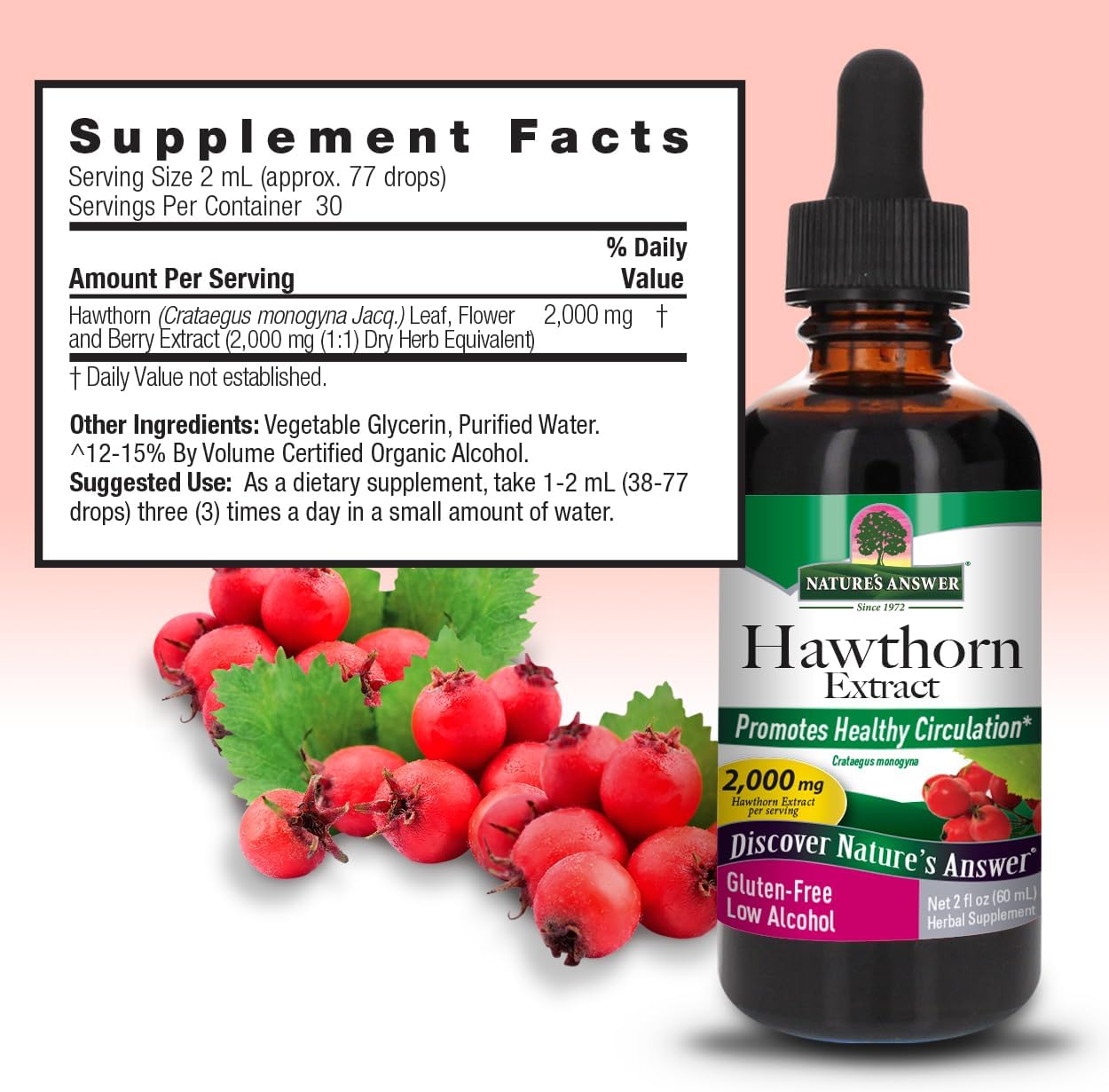 Organic Hawthorn Extract 2 Oz - Low Alcohol, Gluten Free & Kosher - Heart Support - Ideal for Hawthorn Berry Tea - From Nature's Answer