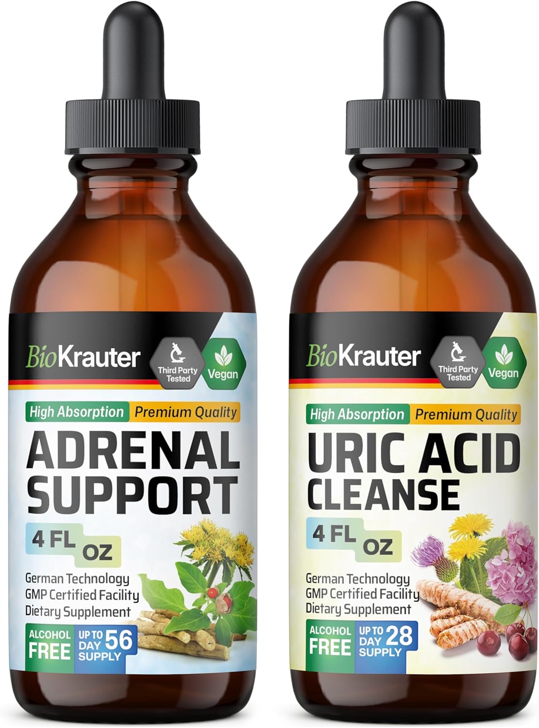 Organic Herbal Adrenal and Uric Acid Support Tinctures - 4 Fl. Oz. Each