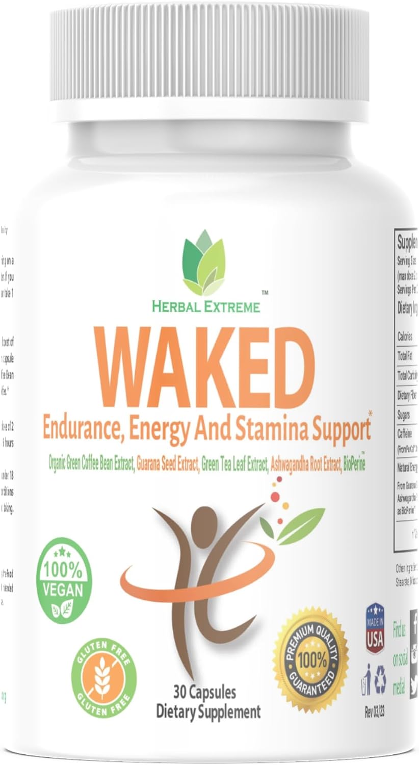 Organic Herbal Extreme Endurance and Energy Support Capsules with Green Coffee, Guarana, Green Tea, Ashwagandha, and Black Pepper Extracts