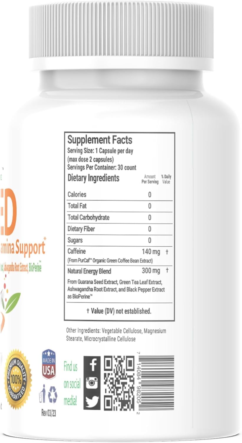 Organic Herbal Extreme Endurance and Energy Support Capsules with Green Coffee, Guarana, Green Tea, Ashwagandha, and Black Pepper Extracts