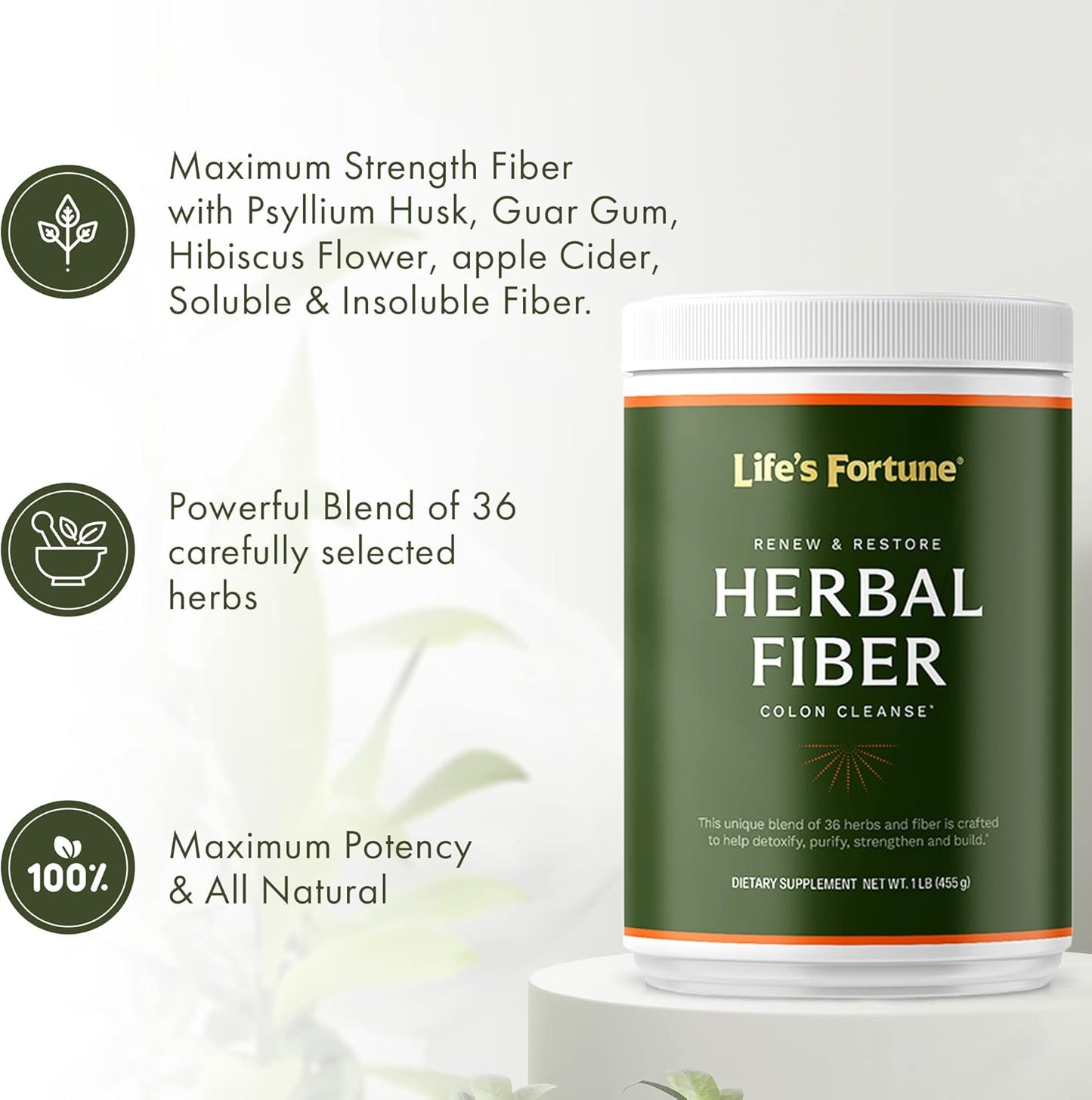Organic Herbal Fiber Gut Health Drink with Apple Fiber - Non-GMO, Soy & Gluten-Free - 455g (50 Servings)