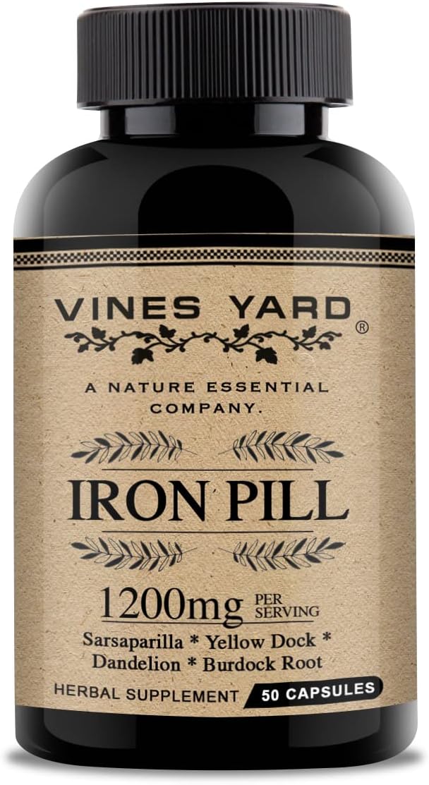 Organic Herbal Iron Pills with Sarsaparilla, Dandelion, Burdock Root & Yellowdock - 50 Pack, 1200mg Capsules
