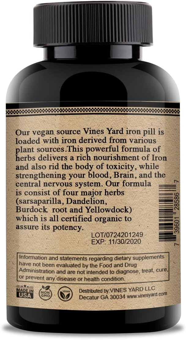 Organic Herbal Iron Pills with Sarsaparilla, Dandelion, Burdock Root & Yellowdock - 50 Pack, 1200mg Capsules