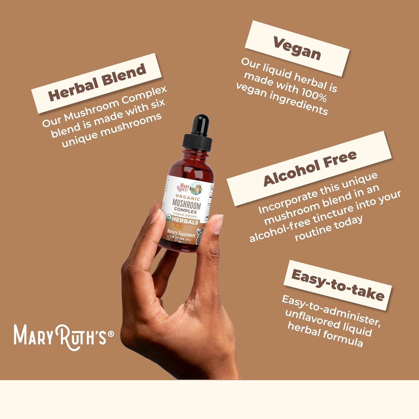 Organic Herbal Mushroom Complex Liquid Drops Supplement - Lion's Mane, Reishi, Shiitake - Non-GMO, Vegan, Alcohol-Free Tincture - 30 Servings