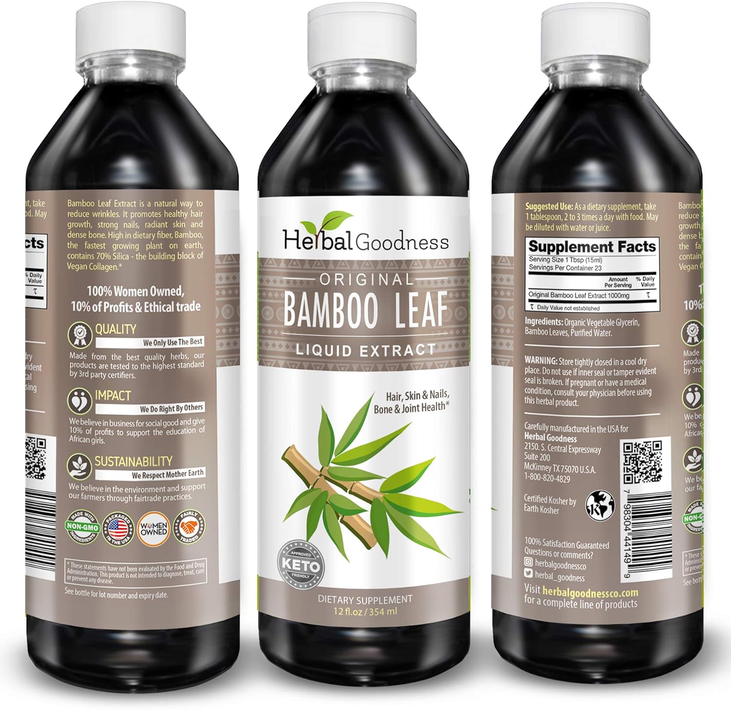 Organic Herbal Papaya Bamboo Silica Liquid Supplement - 12oz with Hair, Skin, Nails Vitamins for Bone and Joint Support