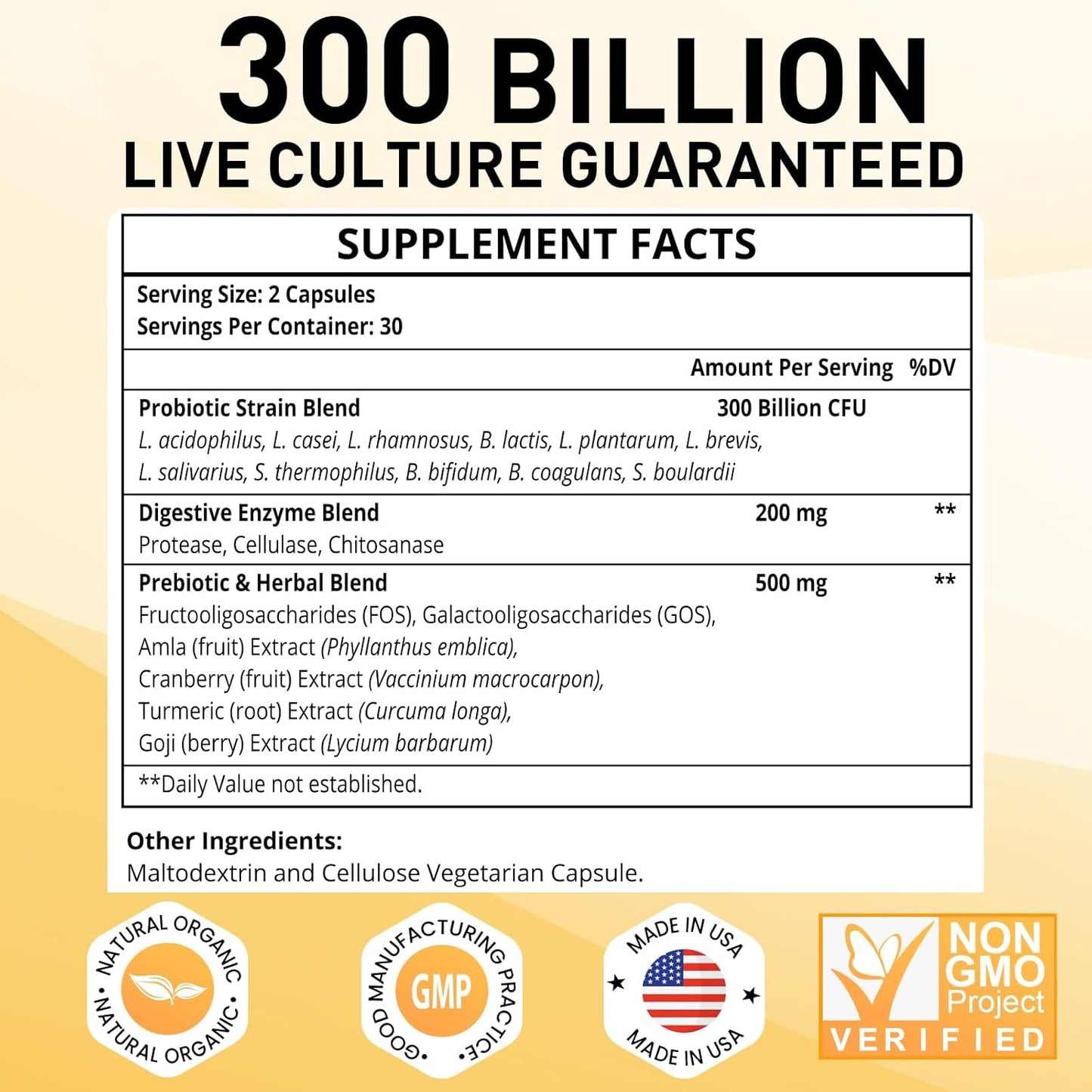 Organic Herbal Probiotics 300 Billion CFU for Digestive Health & Immune Support, 11 Strains + Enzymes, Shelf Stable - 60 Capsules