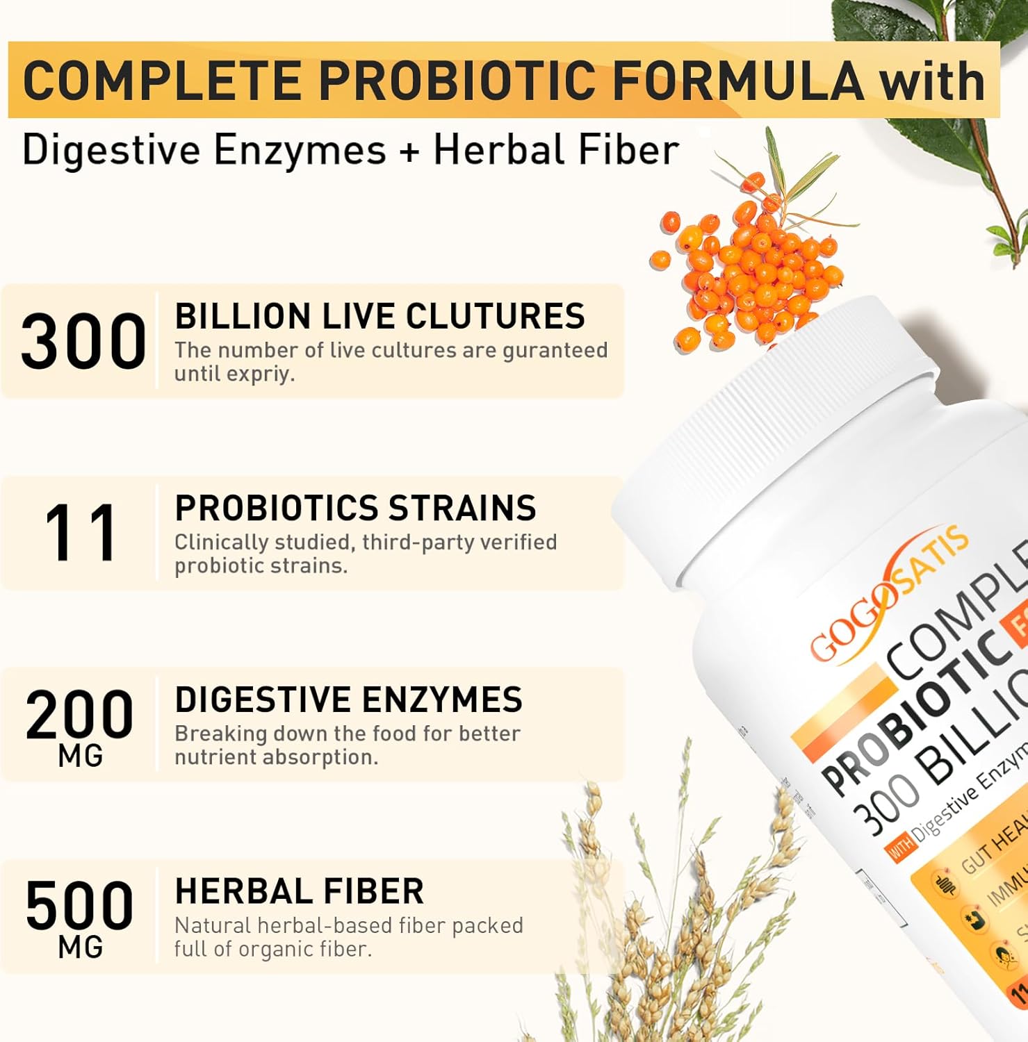 Organic Herbal Probiotics 300 Billion CFU for Digestive Health & Immune Support, 11 Strains + Enzymes, Shelf Stable - 60 Capsules