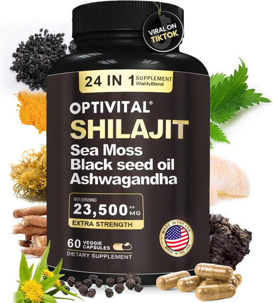 Organic Herbal Supplement with Shilajit, Sea Moss, Black Seed Oil, Ashwagandha, Rhodiola, Burdock, Ginseng, Cordyceps, Biloba, Nettle, and Turmeric (60 Capsules)