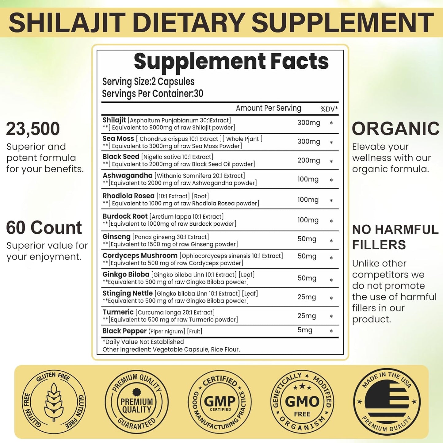 Organic Herbal Supplement with Shilajit, Sea Moss, Black Seed Oil, Ashwagandha, Rhodiola, Burdock, Ginseng, Cordyceps, Biloba, Nettle, and Turmeric (60 Capsules)