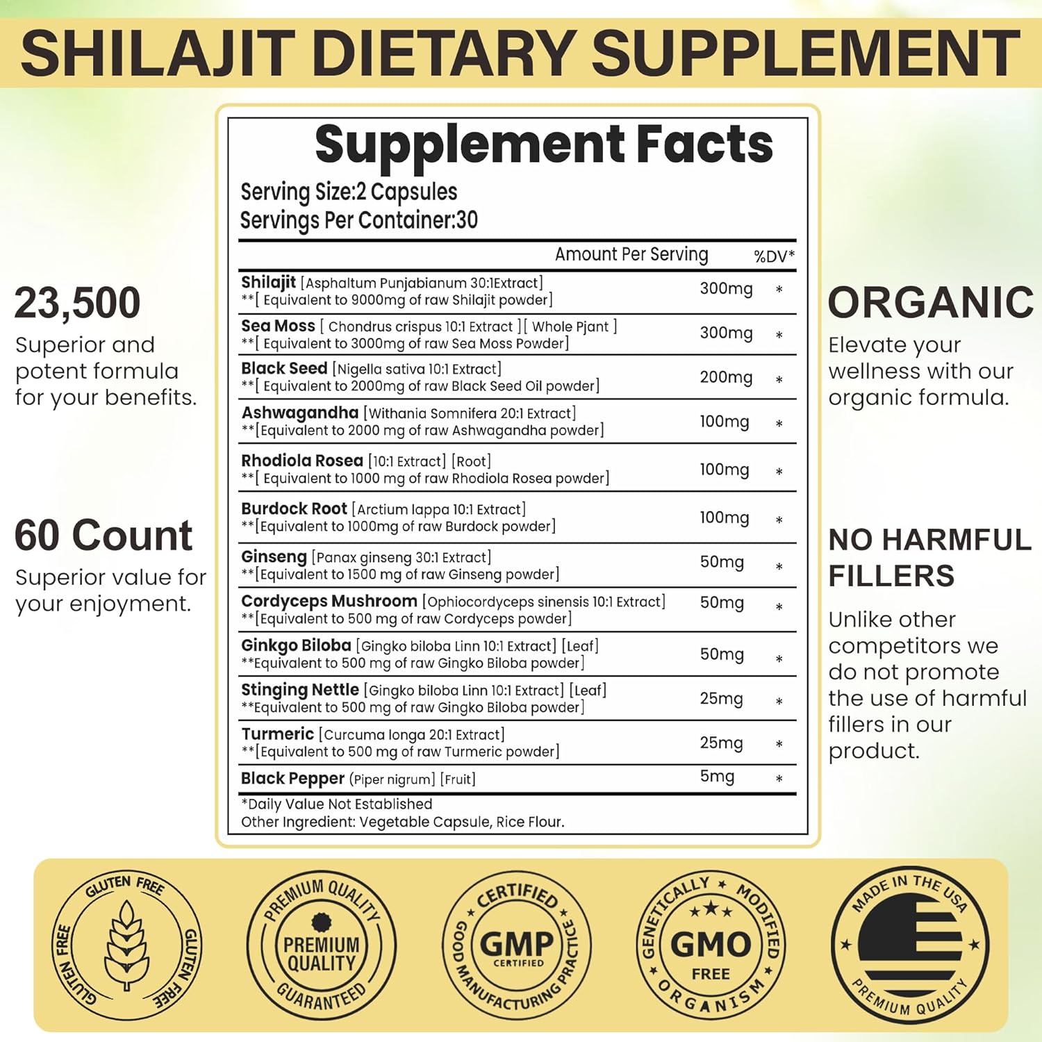 Organic Herbal Supplement with Shilajit, Sea Moss, Black Seed Oil, Ashwagandha, Rhodiola, Burdock, Ginseng, Cordyceps, Biloba, Nettle, and Turmeric (60 Capsules)