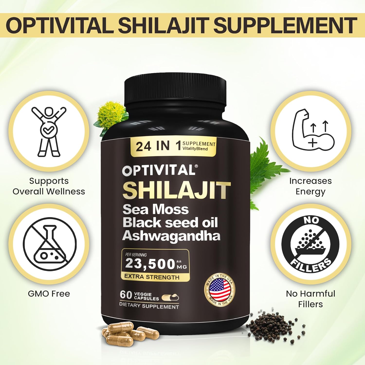 Organic Herbal Supplement with Shilajit, Sea Moss, Black Seed Oil, Ashwagandha, Rhodiola, Burdock, Ginseng, Cordyceps, Biloba, Nettle, and Turmeric (60 Capsules)
