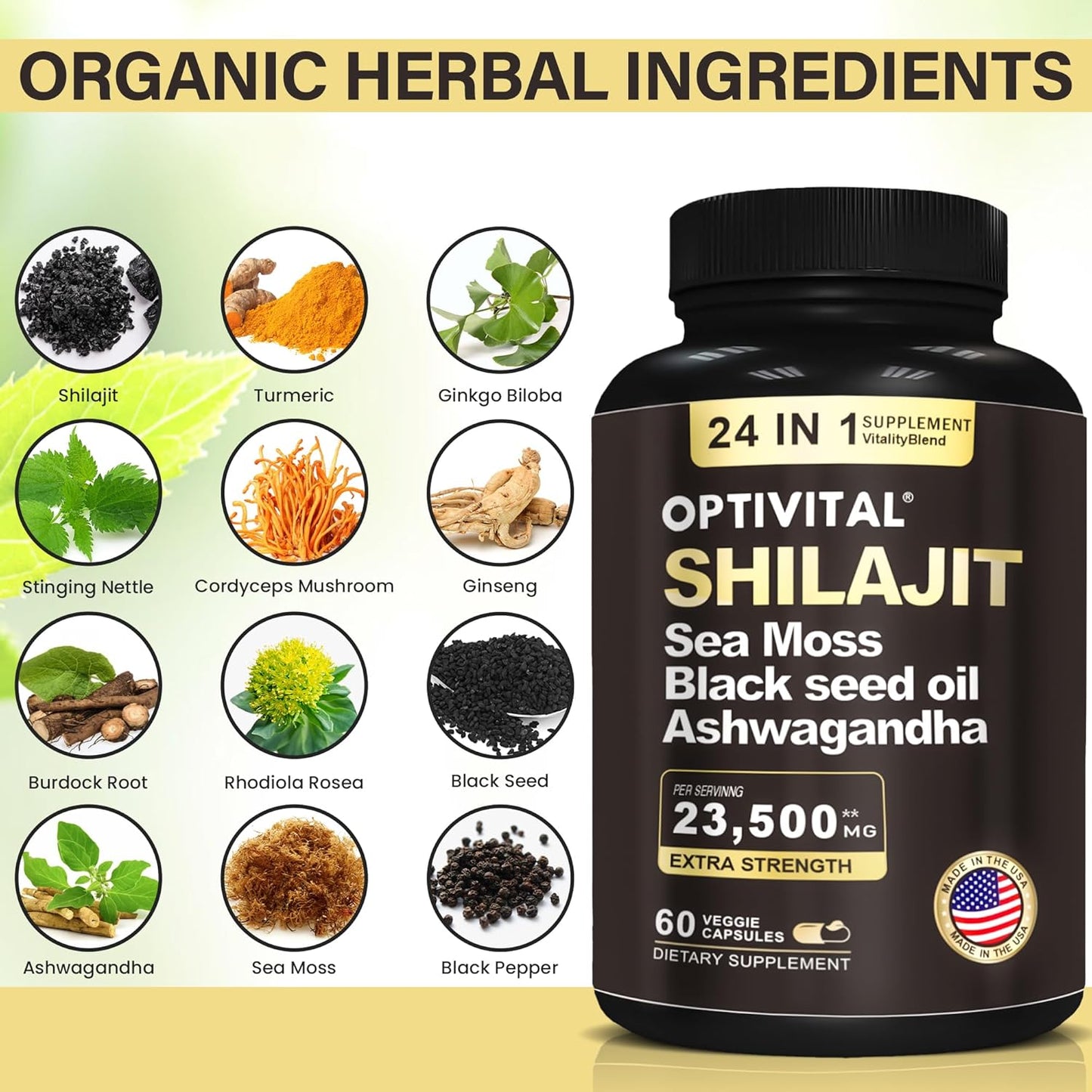Organic Herbal Supplement with Shilajit, Sea Moss, Black Seed Oil, Ashwagandha, Rhodiola, Burdock, Ginseng, Cordyceps, Biloba, Nettle, and Turmeric (60 Capsules)