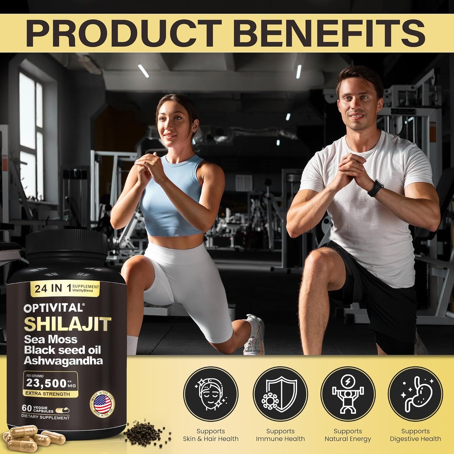 Organic Herbal Supplement with Shilajit, Sea Moss, Black Seed Oil, Ashwagandha, Rhodiola, Burdock, Ginseng, Cordyceps, Biloba, Nettle, and Turmeric (60 Capsules)