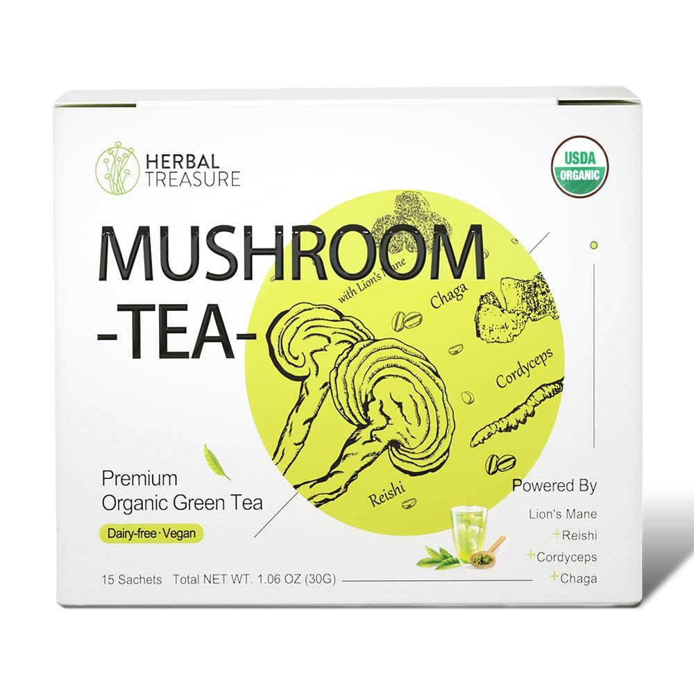 Organic Herbal Treasure Mushroom Green Tea with Lions Mane, Reishi, Cordyceps, Chaga - 15 Bags