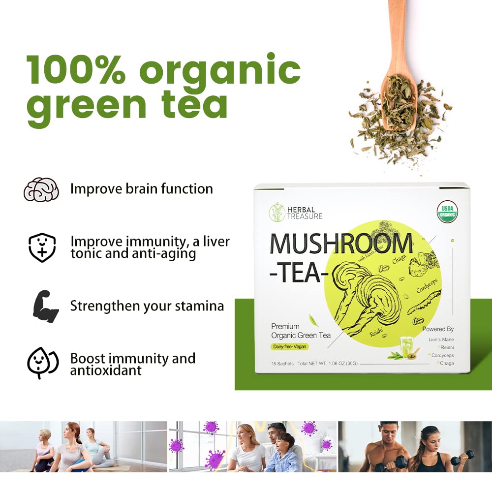 Organic Herbal Treasure Mushroom Green Tea with Lions Mane, Reishi, Cordyceps, Chaga - 15 Bags